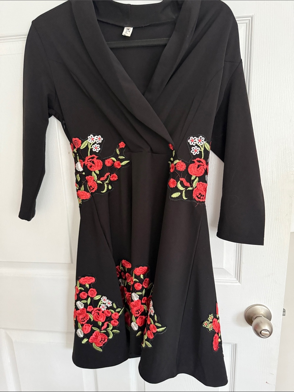 Black Long-Sleeve Dress with Red Rose Embroidery